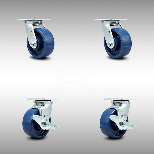 5 Inch Stainless Steel Solid Poly Swivel Caster Set with Ball Bearing 2 Brakes